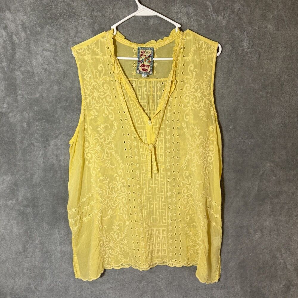 Johnny Was Womens L Yellow Eyelet Embroidered Sleeveless V Neck Blouse Boho